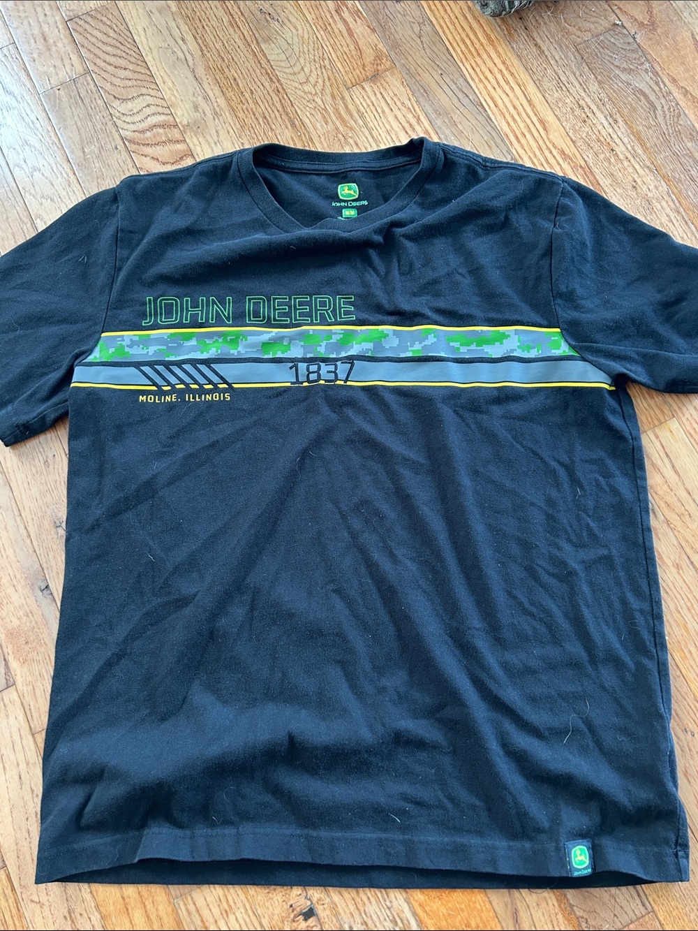 John Deere Black Short Sleeve Tee with Green Logo and Yellow Stripe